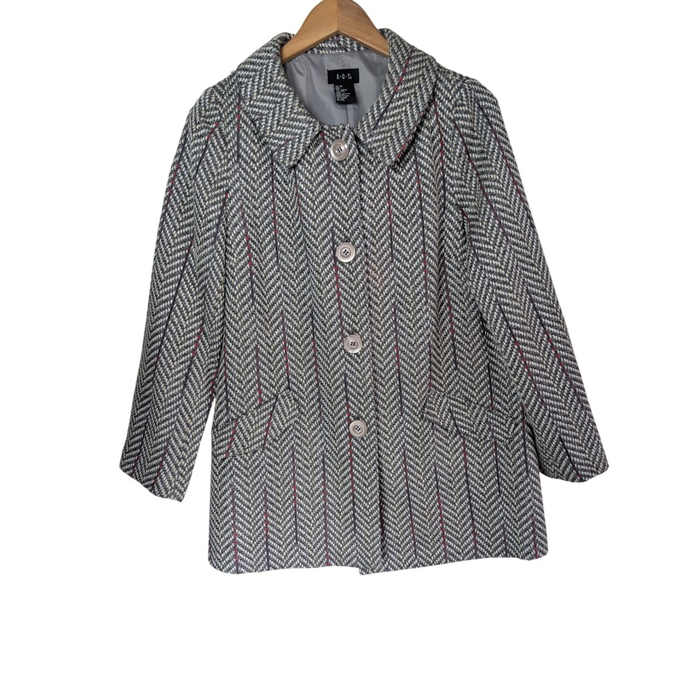 RQT Herringbone Tweed Button Jacket Womens M Black‎ White Red Pinstripe Coat